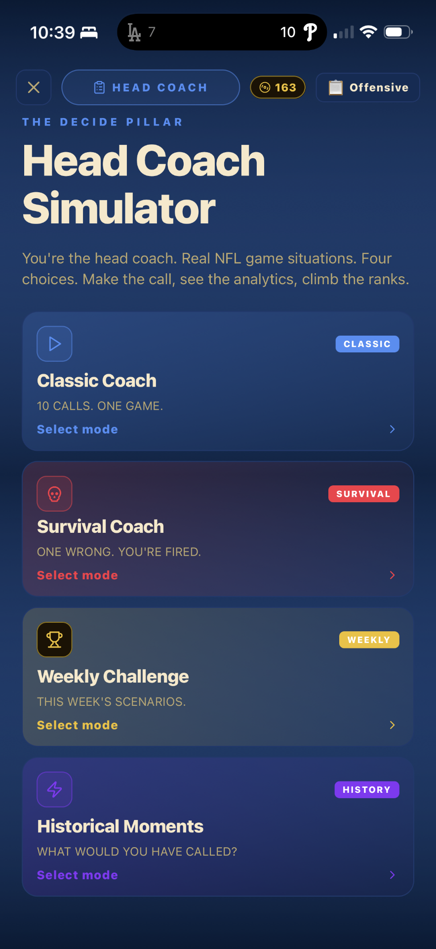 Head Coach Simulator inside The Film Room — the DECIDE pillar in action, with Classic, Survival, Weekly, and Historical modes.