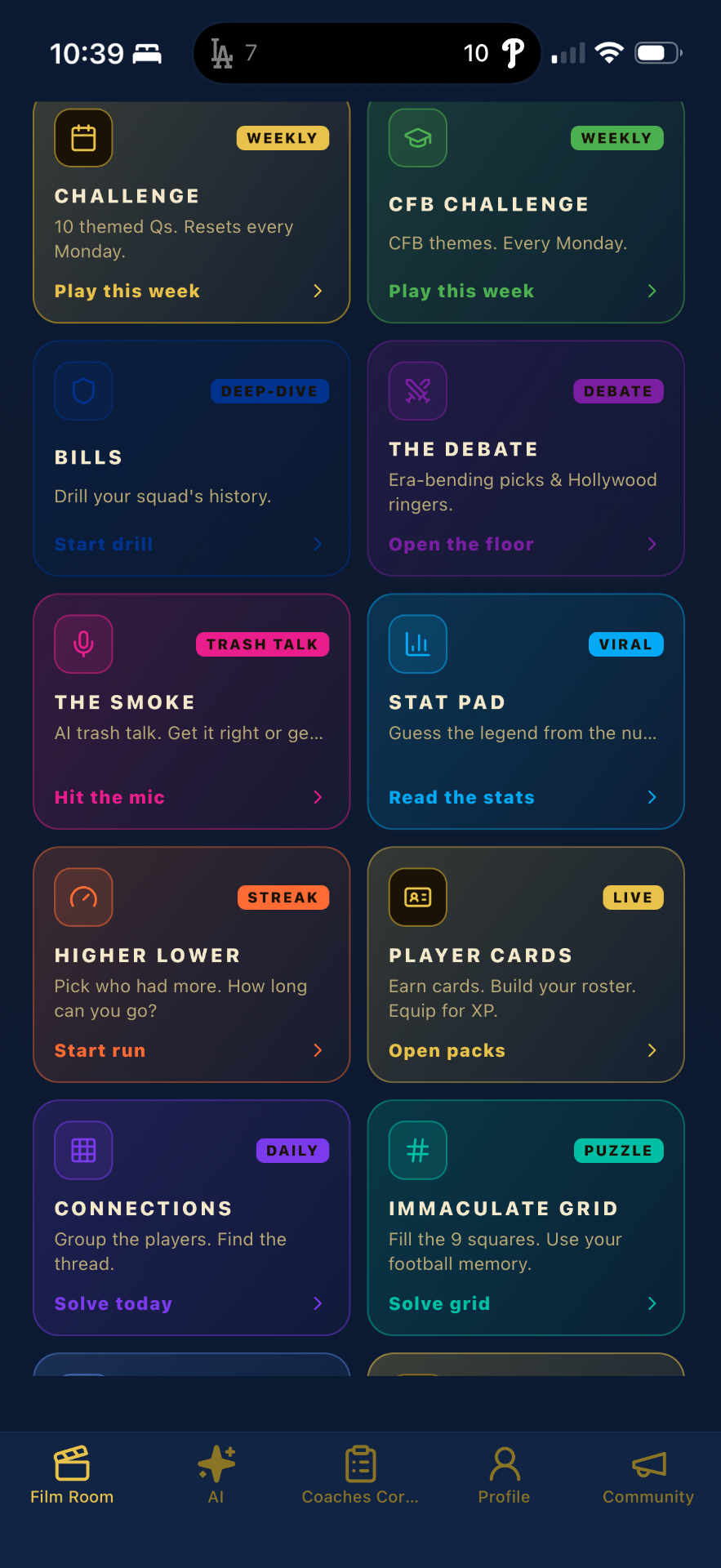 The Play hub inside The Film Room, with arcade games, daily puzzles, and NFL and NCAA mode hubs.