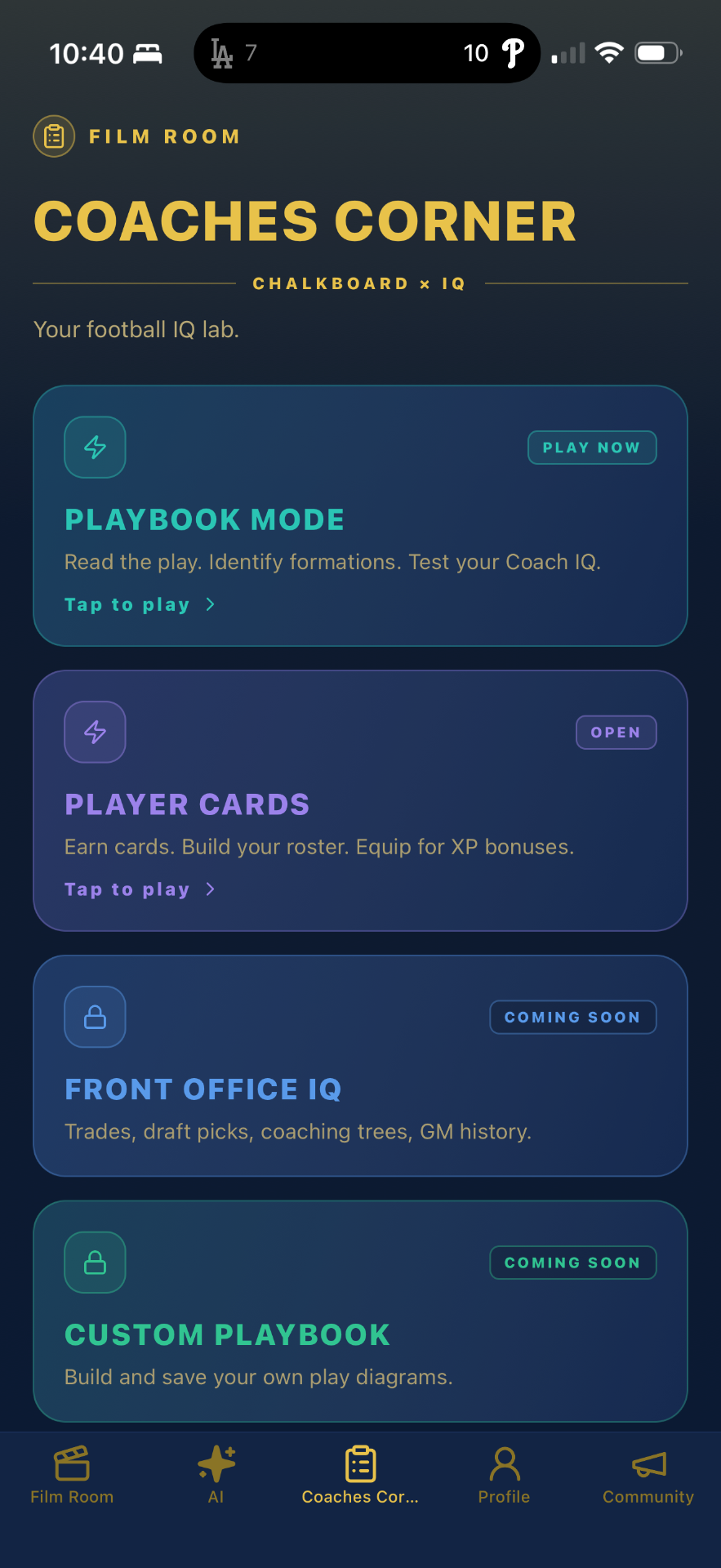 Coaches Corner in The Film Room, with Playbook Mode, Player Cards, Front Office IQ, and Custom Playbook.