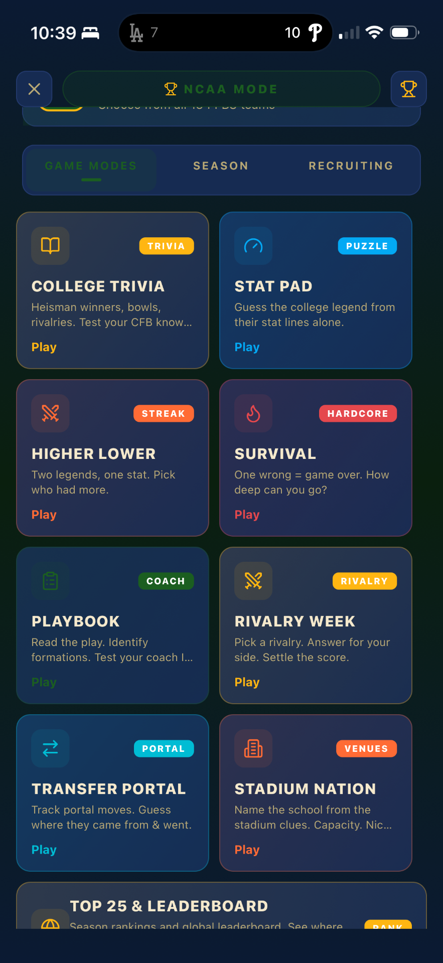 NCAA Mode in The Film Room — College Trivia, Stat Pad, Playbook, Rivalry Week, Transfer Portal, and Stadium Nation.