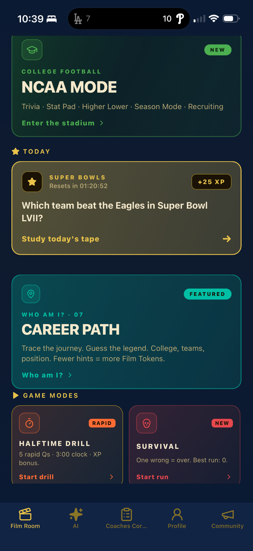 The Film Room home dashboard, showing today's featured challenge and continue-playing progress.