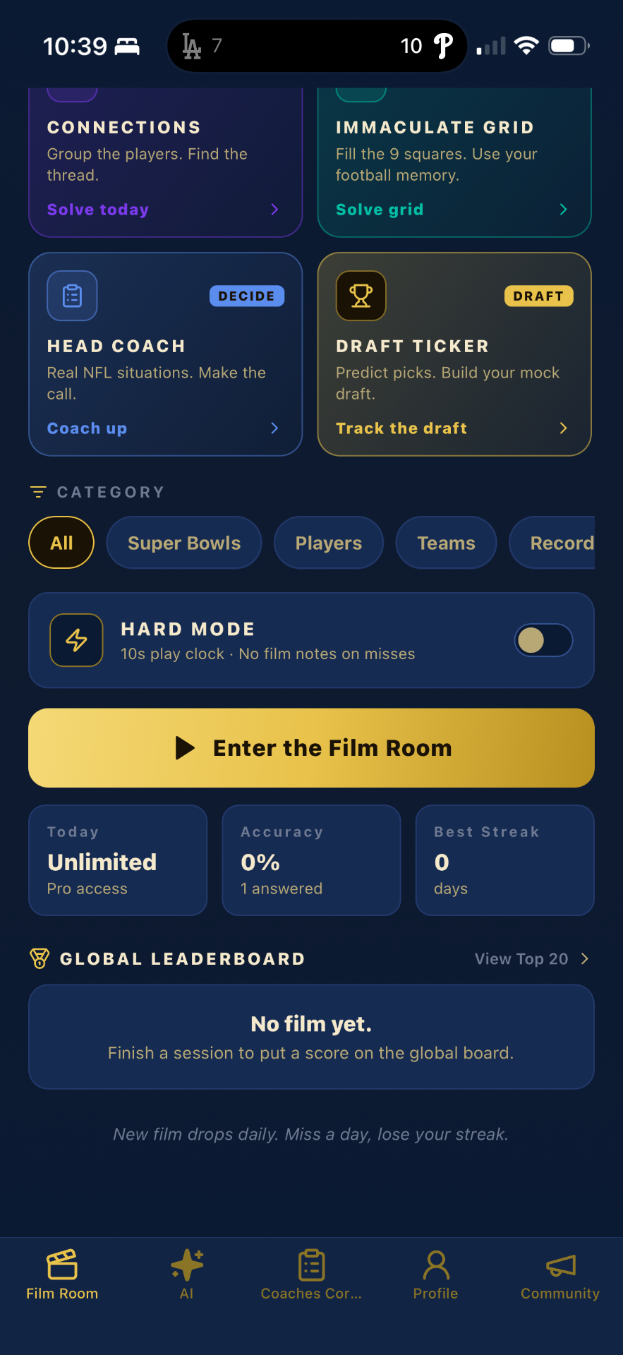 The four pillars of The Film Room across Home Dashboard, Play, AI Lab, and Community.